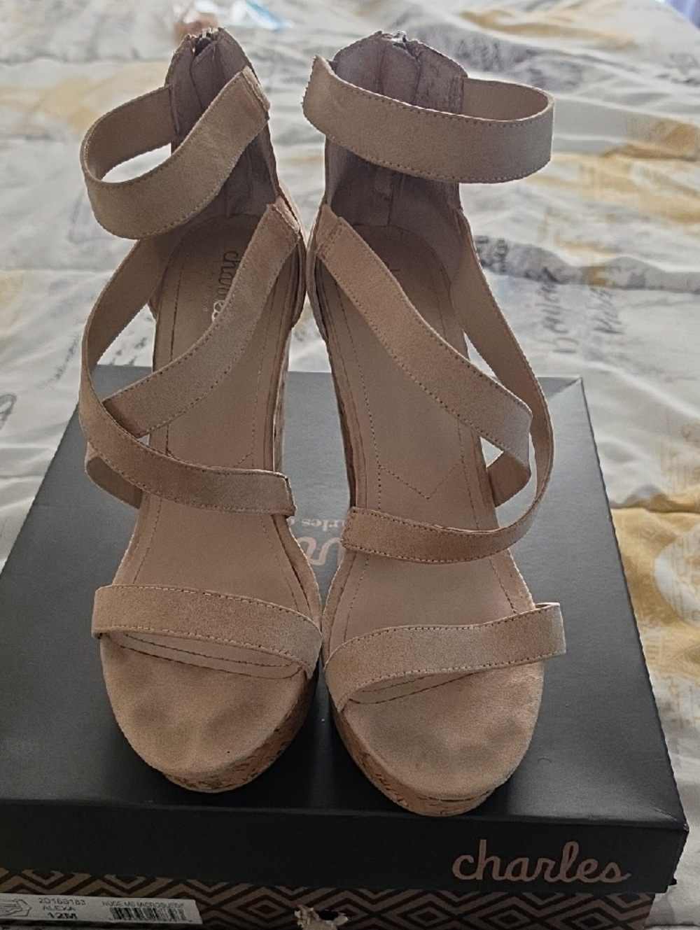Charles David Beige Strappy Ankle-Wrap Wedge Sandals
